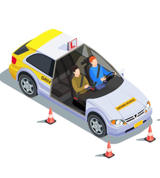 Driving school isometric composition with images of instructor and learner in car surrounded by safety cones vector illustration